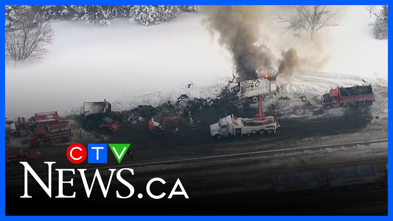 Aerial footage of the fiery crash along Highway 401