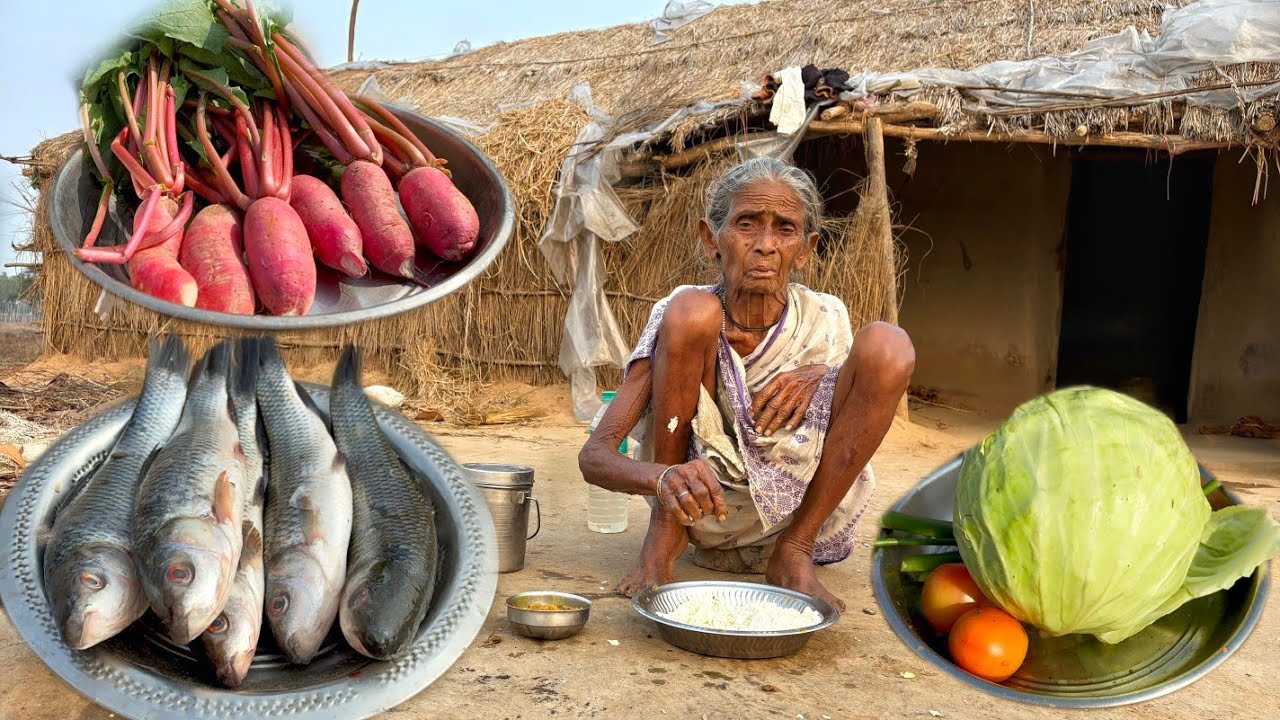 FISH CURRY with Cabbage &bRadish recipe cooking by poor old Grandma and eating||Grandma Village life