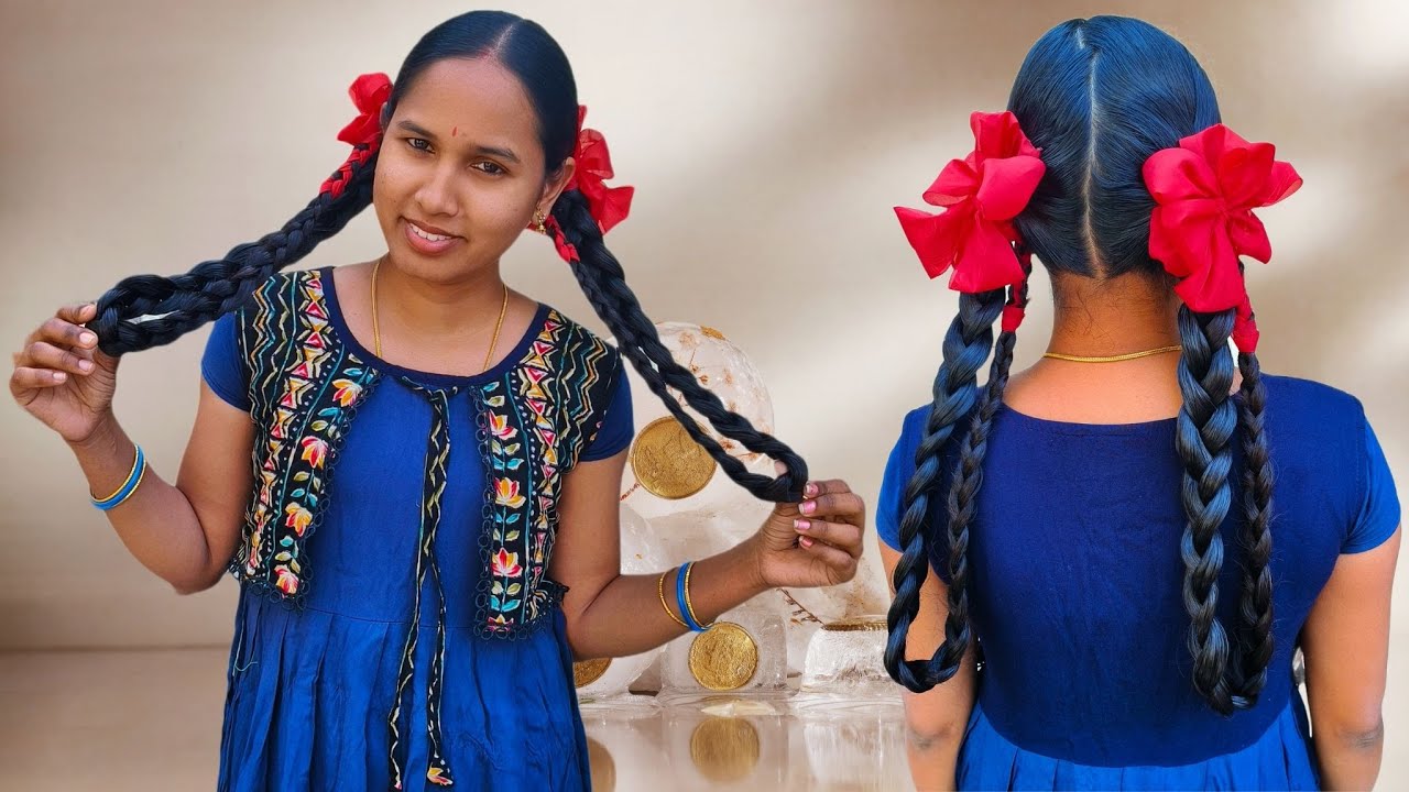 రెండు జడలు - Longhair twin braid with red colour ribbon || Most requested video with my MOM