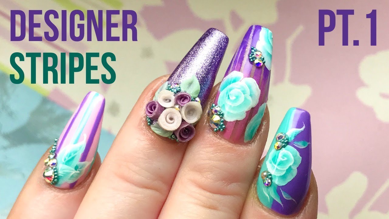 Striped Effect Designer Nails with One Stroke Flowers Part 1