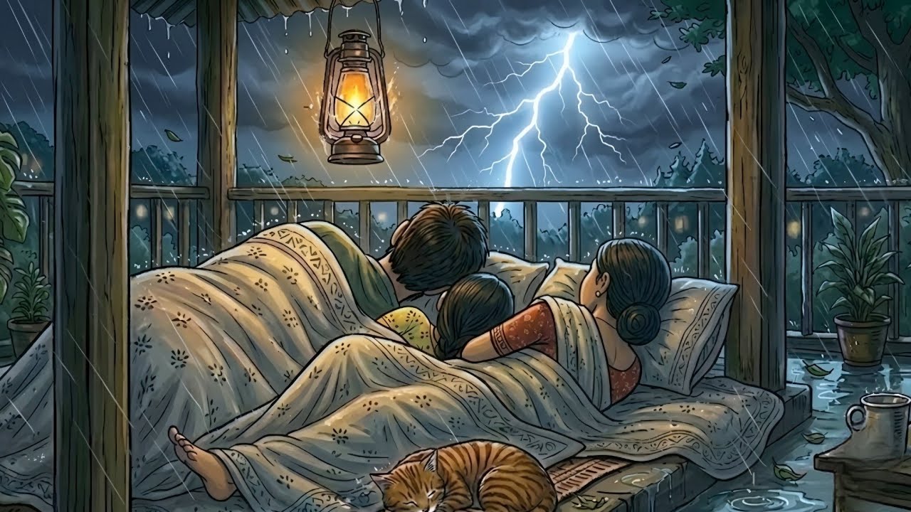 90s Storms Rooftop Sleep Village Night ⛈️ Power Cut and Dreamy Night