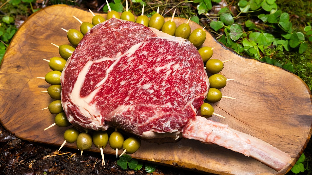Juicy Steak Grilled on a Flat Rock by the Stream