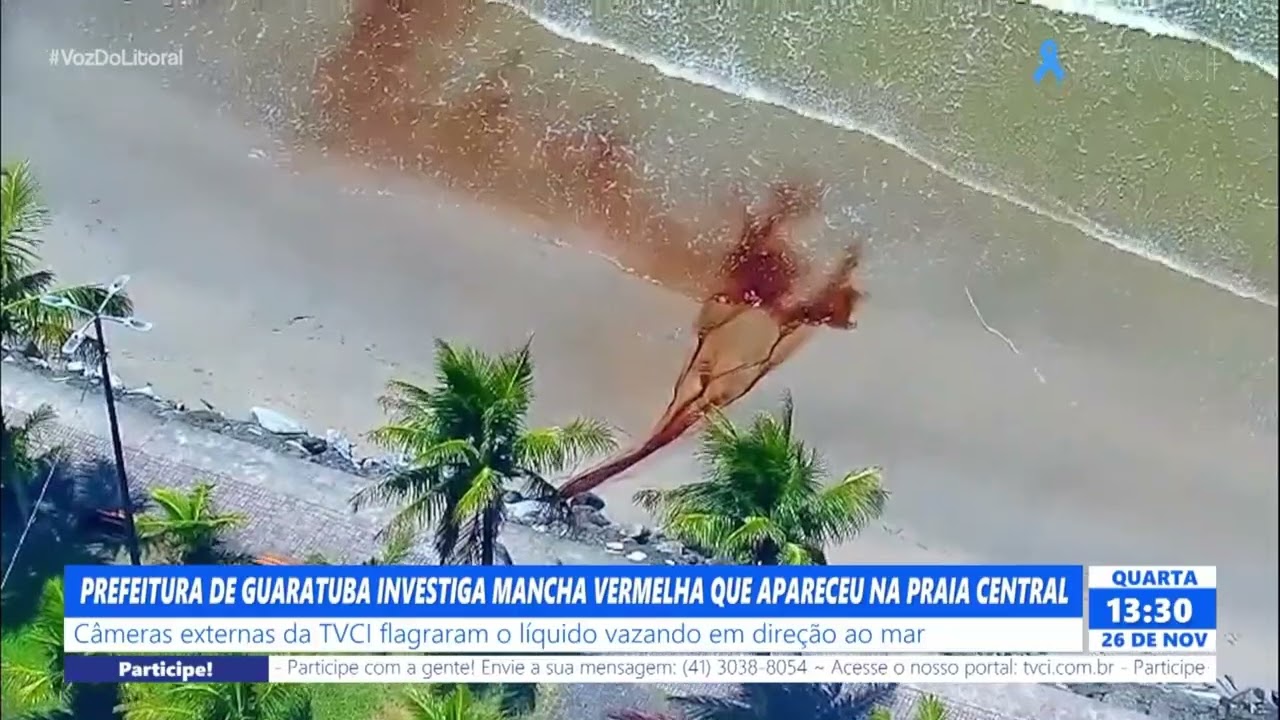 PREFEITURA DE GUARATUBA INVESTIGA MANCHA VERMELHA QUE APARECEU NA PRAIA CENTRAL
