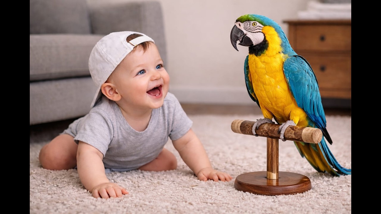 🦜💙 Precious Baby Watching Blue Parrot | Cozy Room Moment