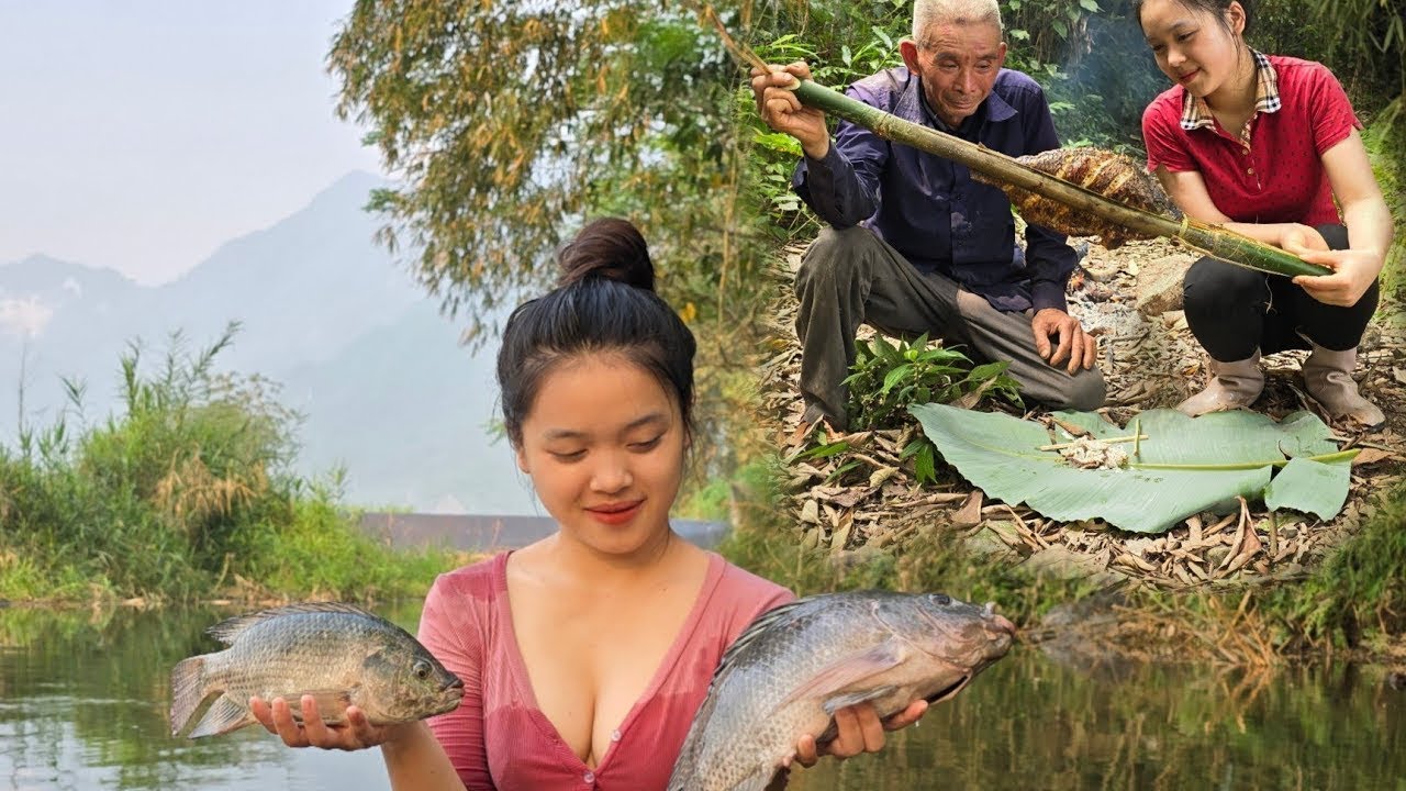 Single mother: Completing the bamboo house wall - Going fishing and cooking with an 80-year-old man.