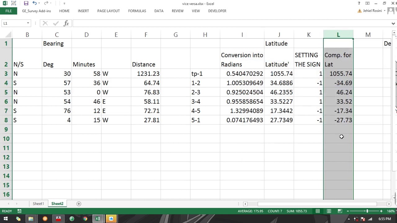 Technical Description/Coordinates Computation in Excel - Part 3