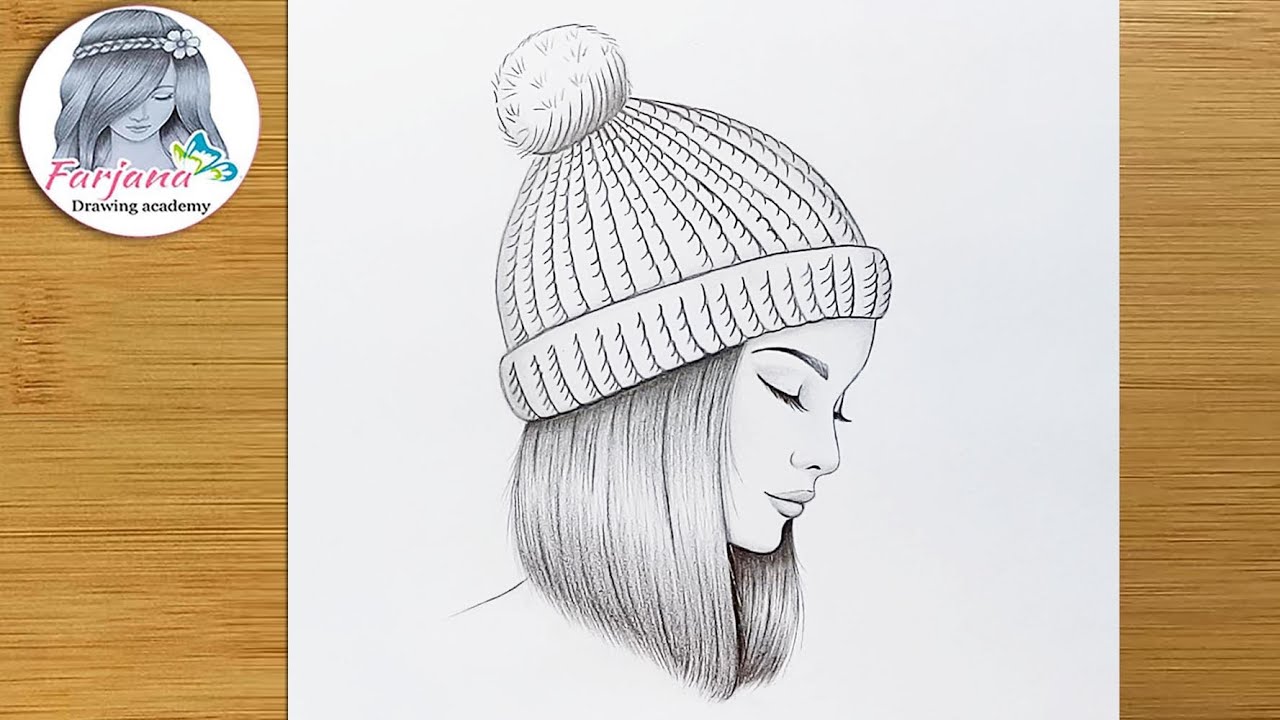 A girl wearing a winter hat - Pencil sketch tutorial with just one pencil || How to draw a girl