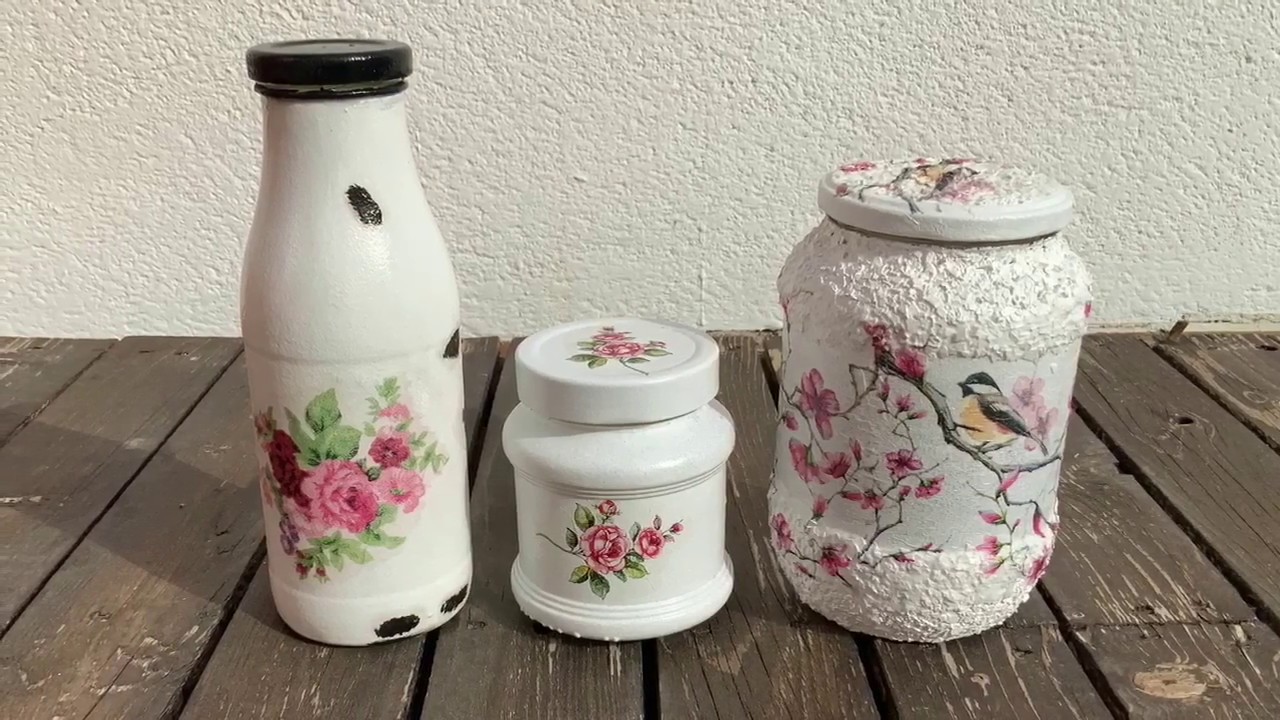 3 Frascos de cristal decorados con decoupage /3 glass jars decorated with decoupage (eng sub)