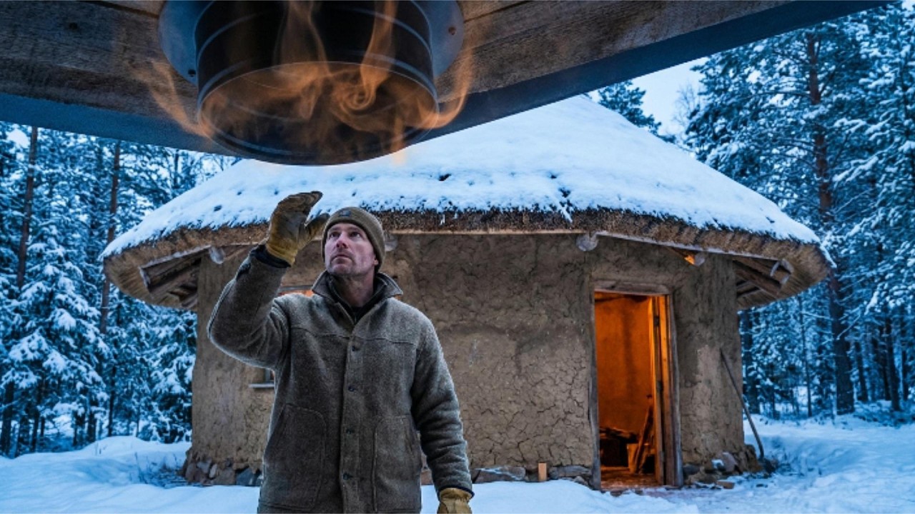 WINTER SURVIVAL 4K: Fire-Heated Cob Hut in Snow | Nhà đất sưởi lửa giữa rừng tuyết