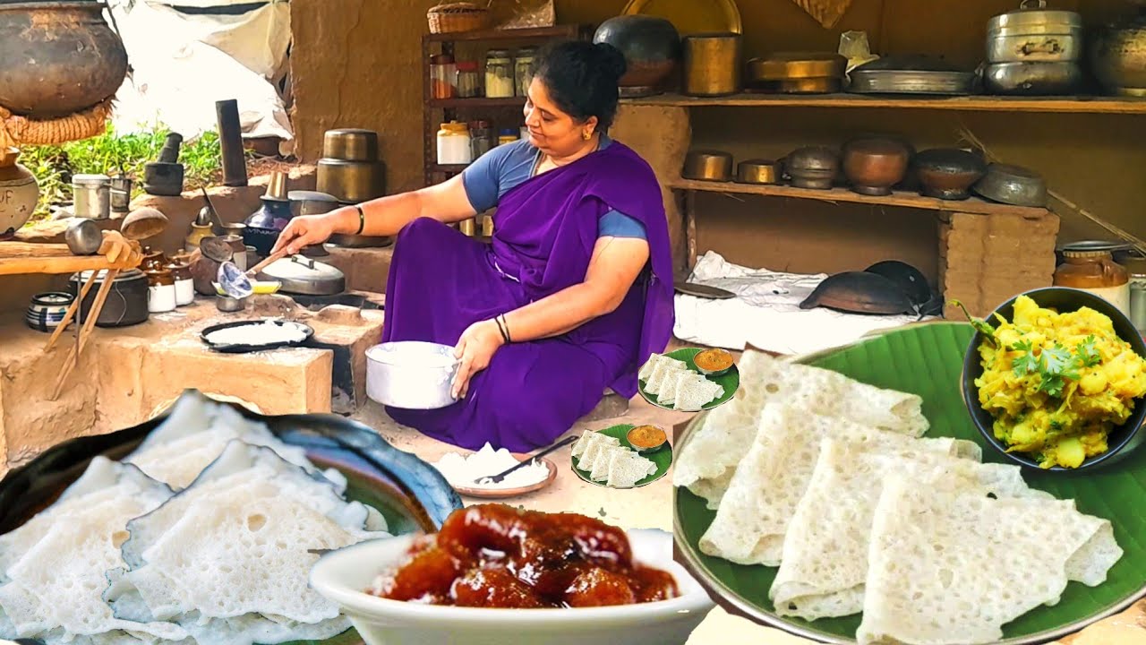 Traditional village Neer Dosa recipe| Rose Apples chutney | Village cooking | Rural food recipe