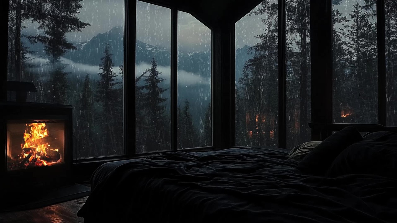 🎹🌧️ Relaxing Rain Piano at Cabin Window | Fireplace Warmth & Misty Forest Mountains | Sleep Study
