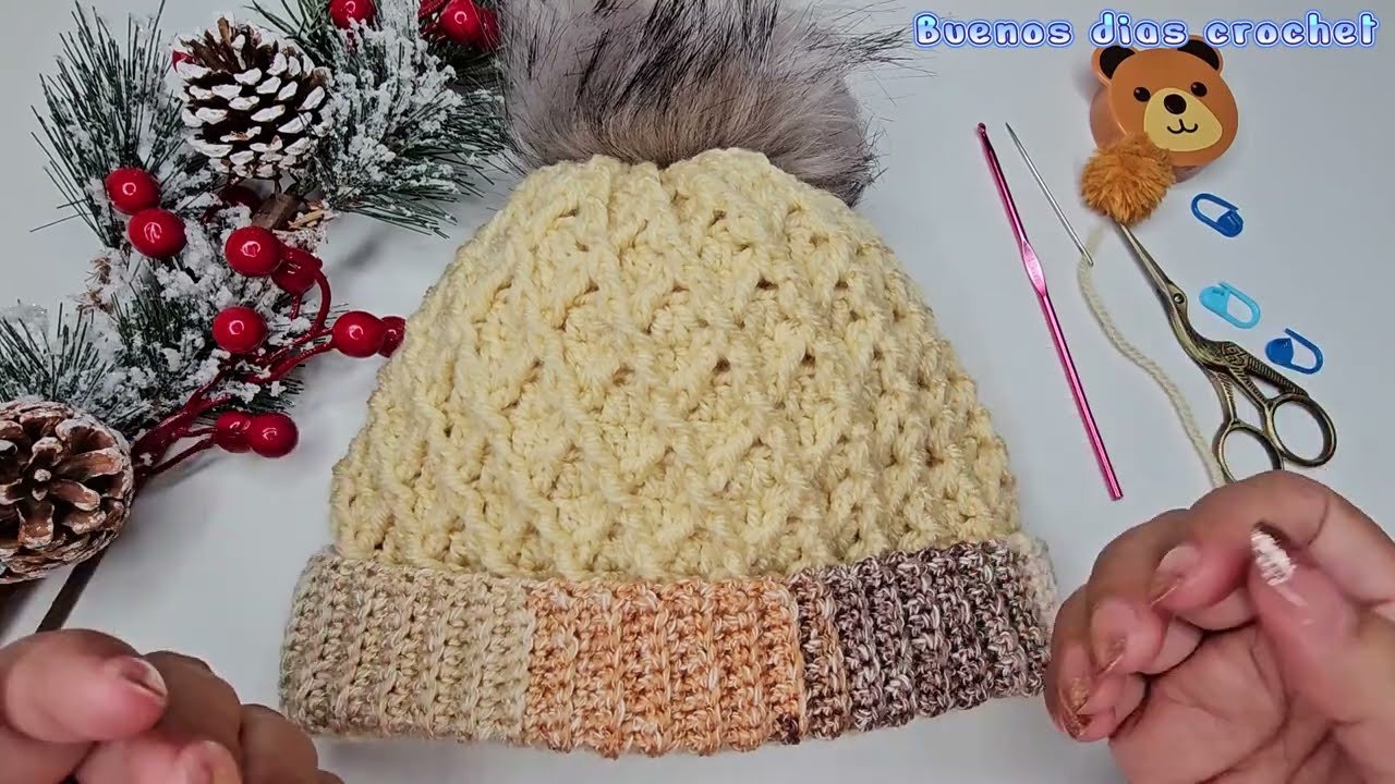 Gorro punto rombos o diamante a crochet Todas las Talla para bebes, niños y hombre