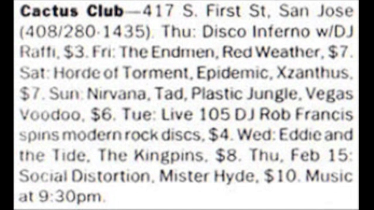 Nirvana - Cactus Club, San Jose, California 2/11/90 (Full Set)