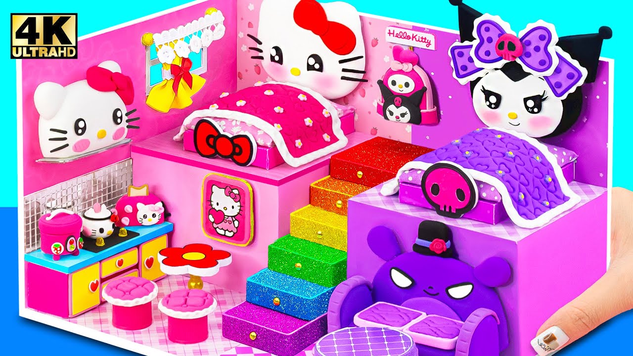 Make Cute Hello Kitty House with Two Bedroom, Purple Room for Kuromi from Clay - DIY Miniature House