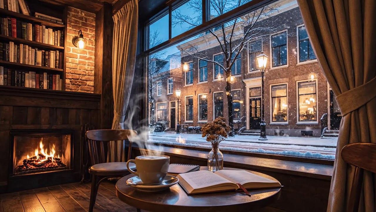 Cozy Winter Café with Falling Snow ~ Gentle Jazz Piano and Fireplace Sounds For Relax