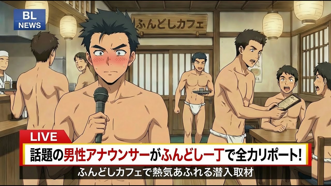 【BLアニメ】取材のつもりが…！？ふんどしカフェで強制お着替えさせられたアナウンサーの末路【筋肉/羞恥】
