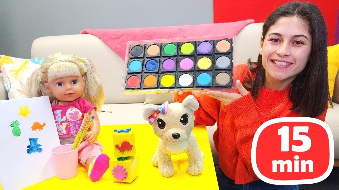 Ayşe ve Baby Born Gül ile etkinlik videoları! Sulu boya ile baskı yapalım! Kız oyunları