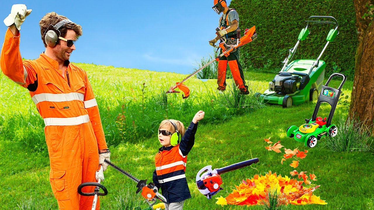 Lawn Mowing Leaf Blower Weed Eater Blippi toys Garbage trucks learning video for children