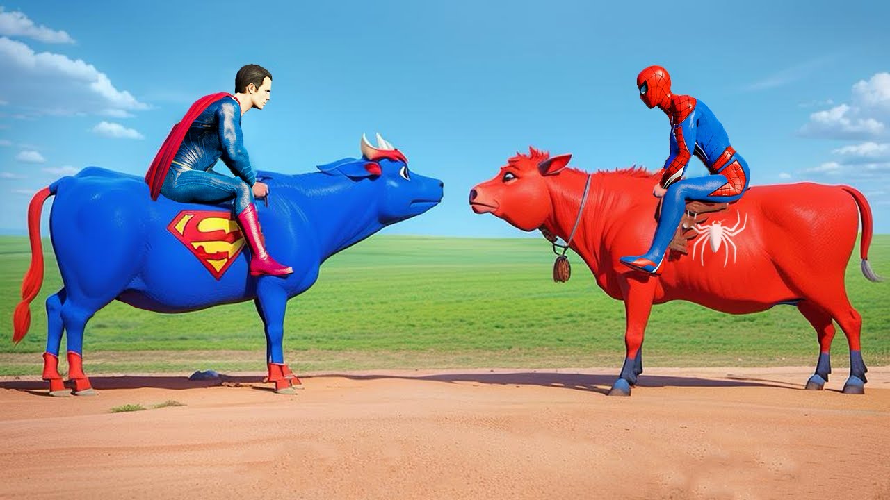 سبادر مان يركب فوق بقرة الخارقة SpiderMan on a Cow vs Shark Bridge Animals Superhero Game