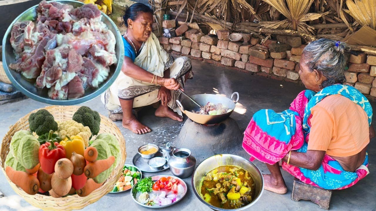 MUTTON CURRY And VEGETABLE CURRY cooking &eating by our grandmother.