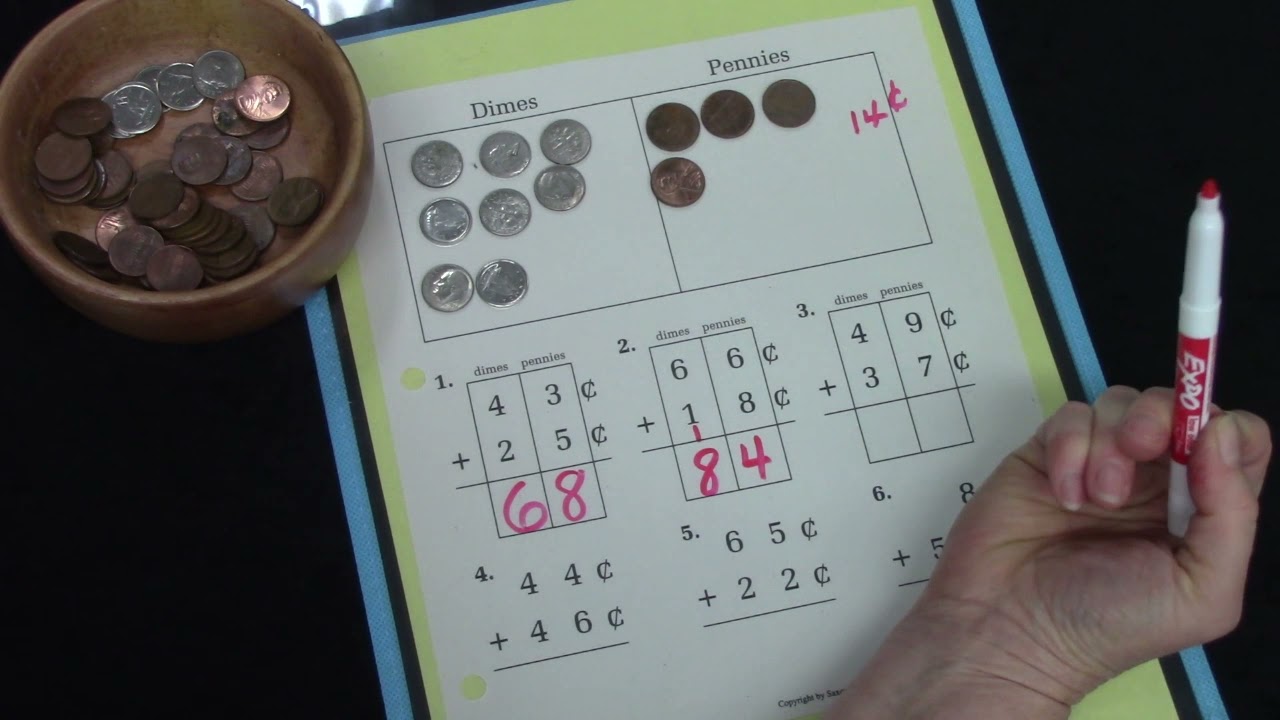 Grade 2: Math Lesson #72 Adding Two Digit Numbers with Trading Using Pennies and Dimes (Part 2)