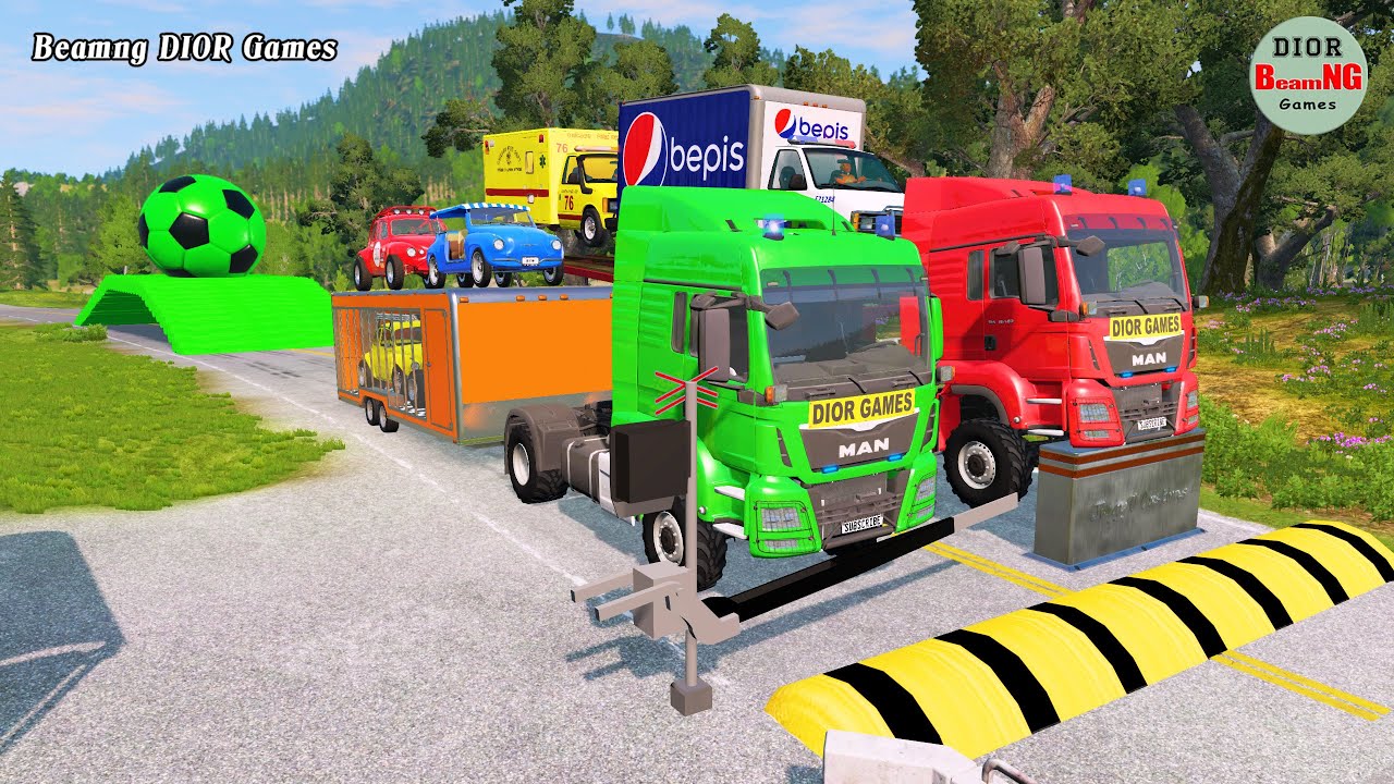 Double Flatbed Trailer Truck vs speed bumps|Busses vs speed bumps|Beamng Drive|1305