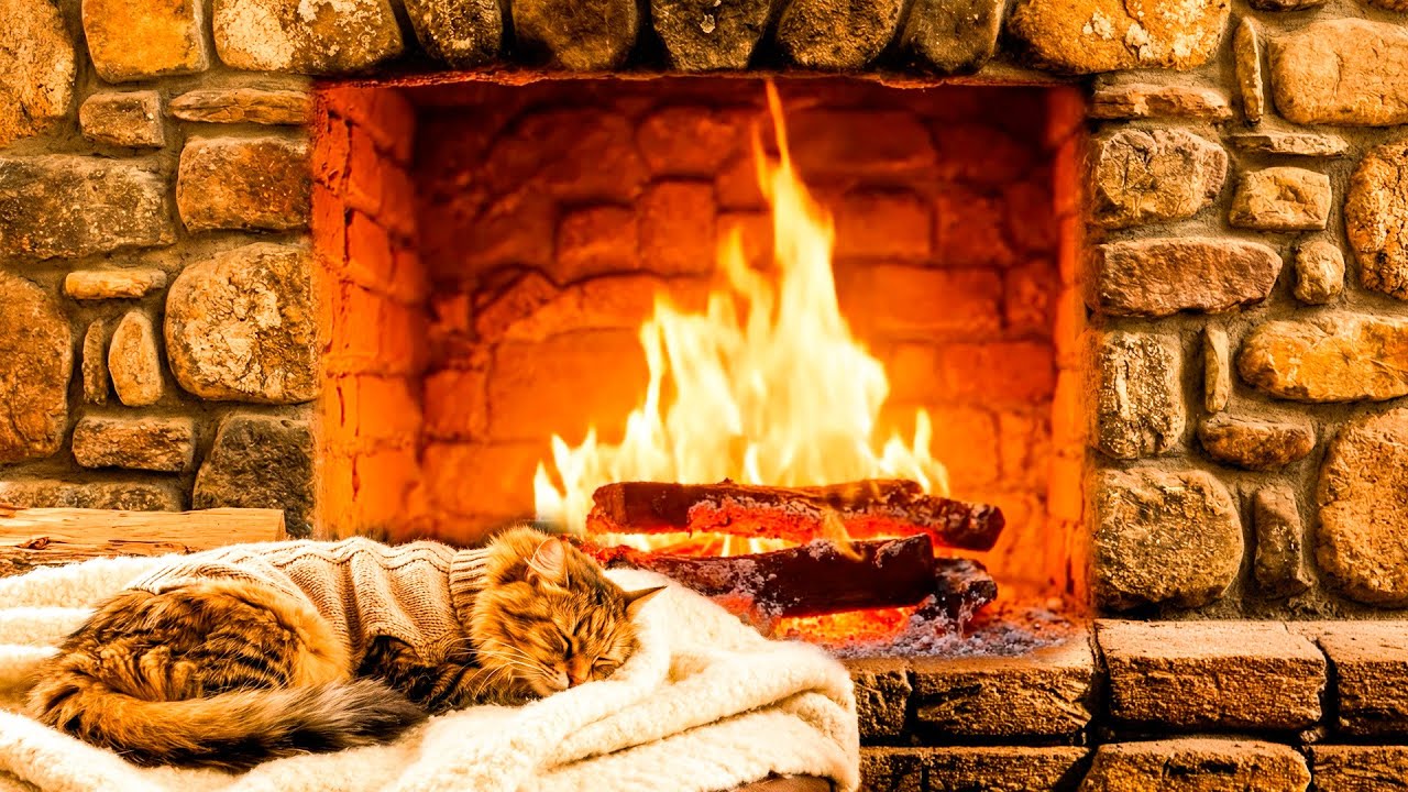 Уютный камин с котом 🐱🔥 Спокойная ночная атмосфера и звуки огня