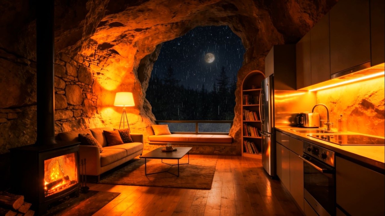 Cozy Cave Apartment at Night 🌙 Rain & Fireplace Sounds (No Music) | 10 Hours of Deep Relaxation