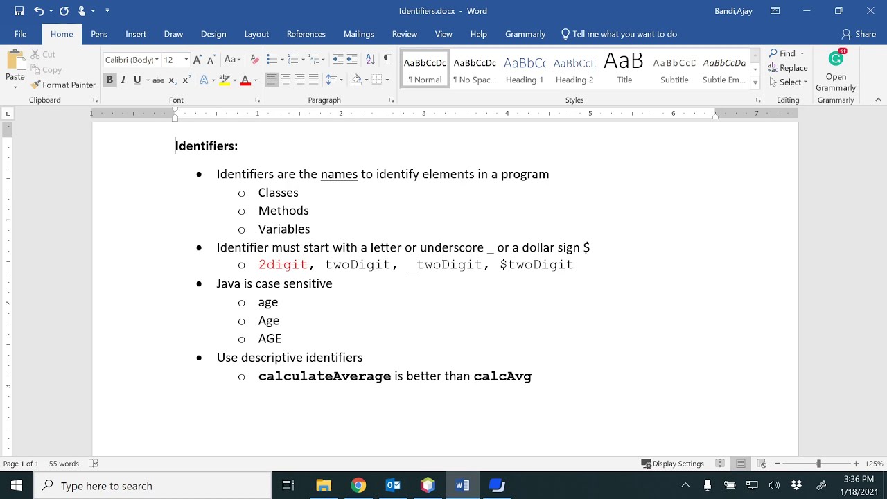 Identifiers in Java