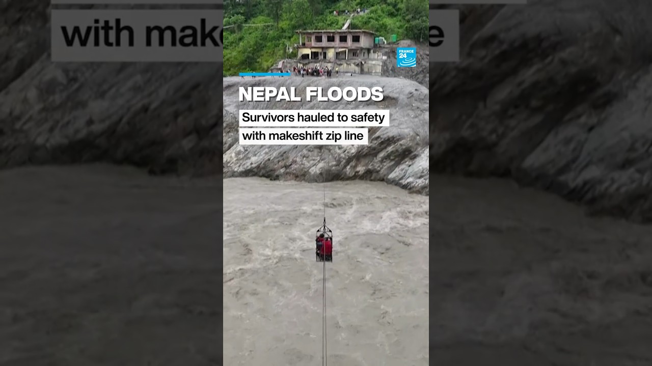 Nepal Floods: Survivors hauled to safety with makeshift zip line &bull; FRANCE 24 English
