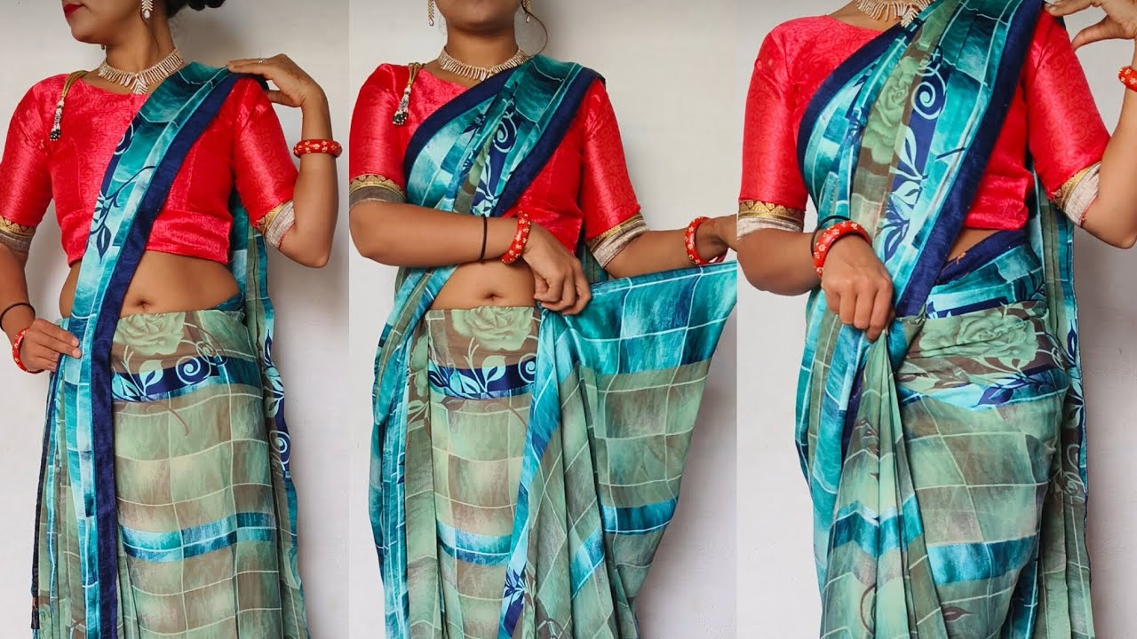 Pure Georgette saree draping tutorial for beginners/how to perfect side pleats only one safety pin 🧷