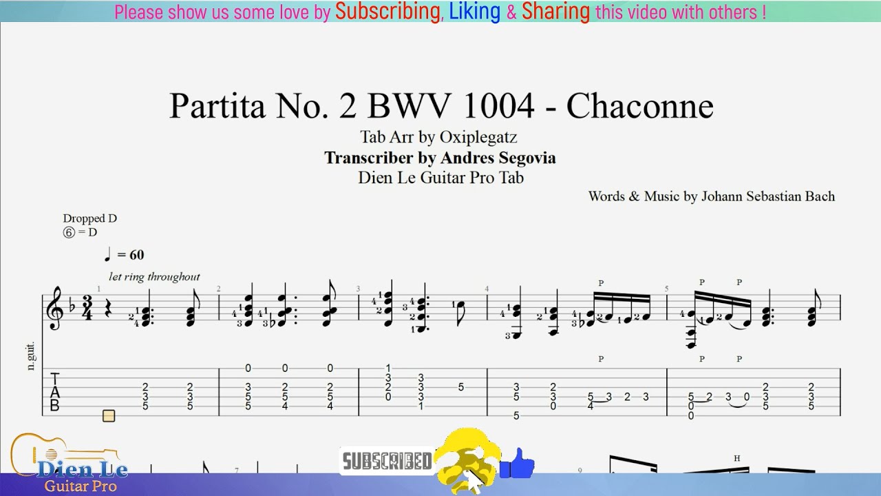 For Classical Guitar with TABs - Bach - Partita No.2 BWV 1004 - Chaconne (Baroque Music)