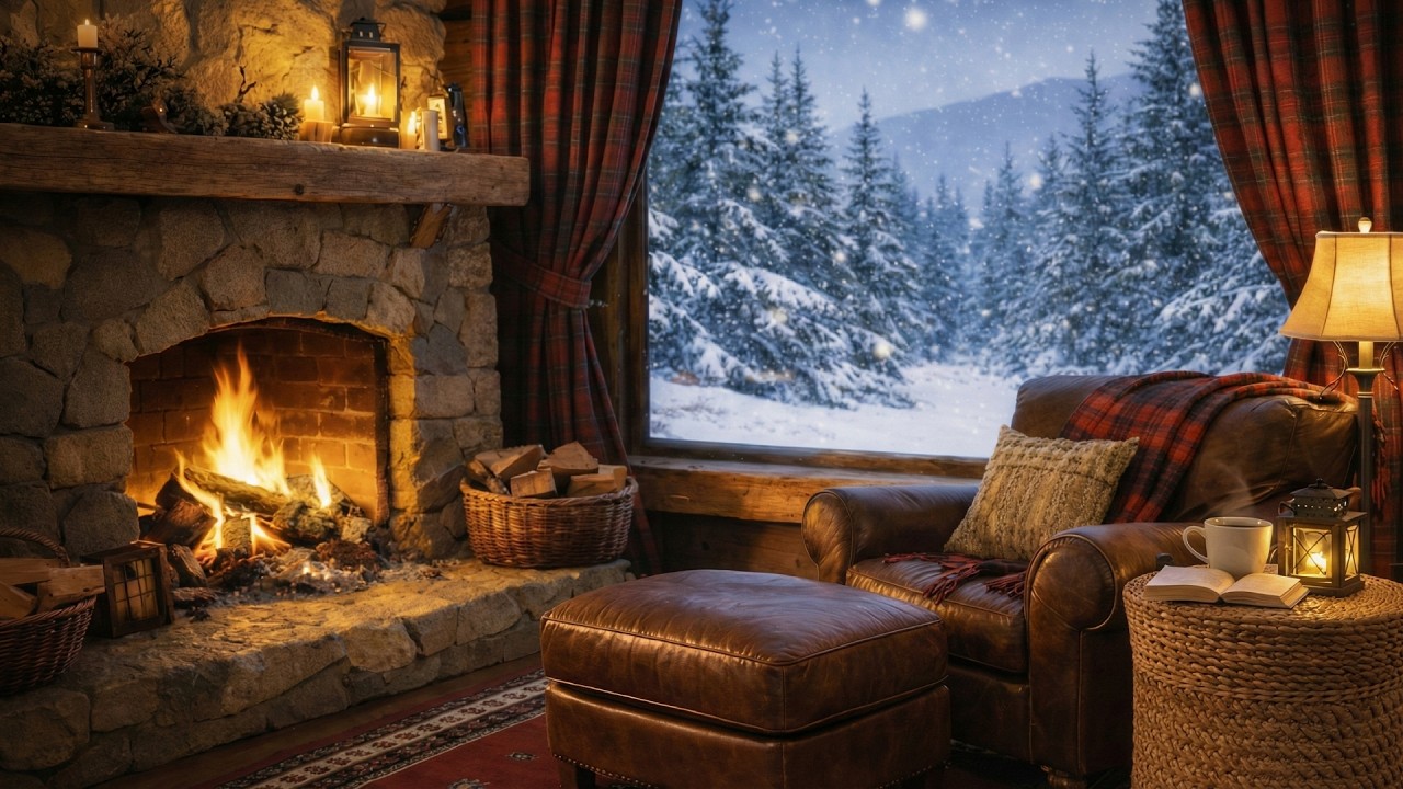 4K Kaminfeuer & Schneefall ❄️ Sanfte Piano Musik  Gemütliche Berghütte am See  Entspannung & Fokus