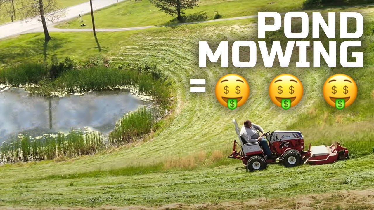 Satisfying Mowing On A Steep Pond Bank