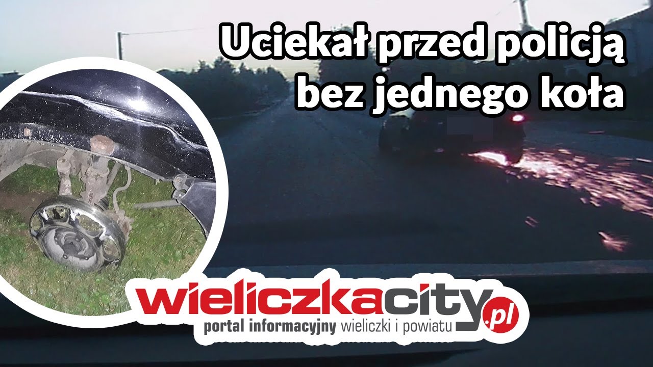 Uciekał przed policją bez jednego koła z Wieliczki do gminy Biskupice. Nagranie pościgu z radiowozu.