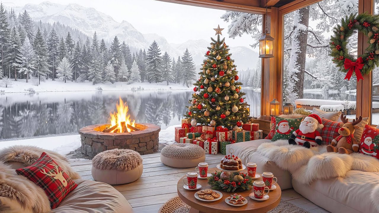 Snowy Lakeside Porch Ambience 🎄 Instrumental Christmas Music with Crackling Fireplace for Winter Day