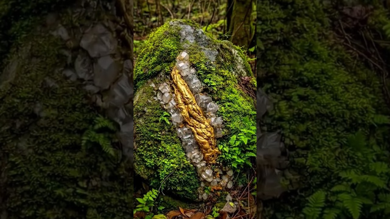 Found gold vein stone in mossy river forest, relaxing AI ASMR mining discovery #gold #asmr #relaxing
