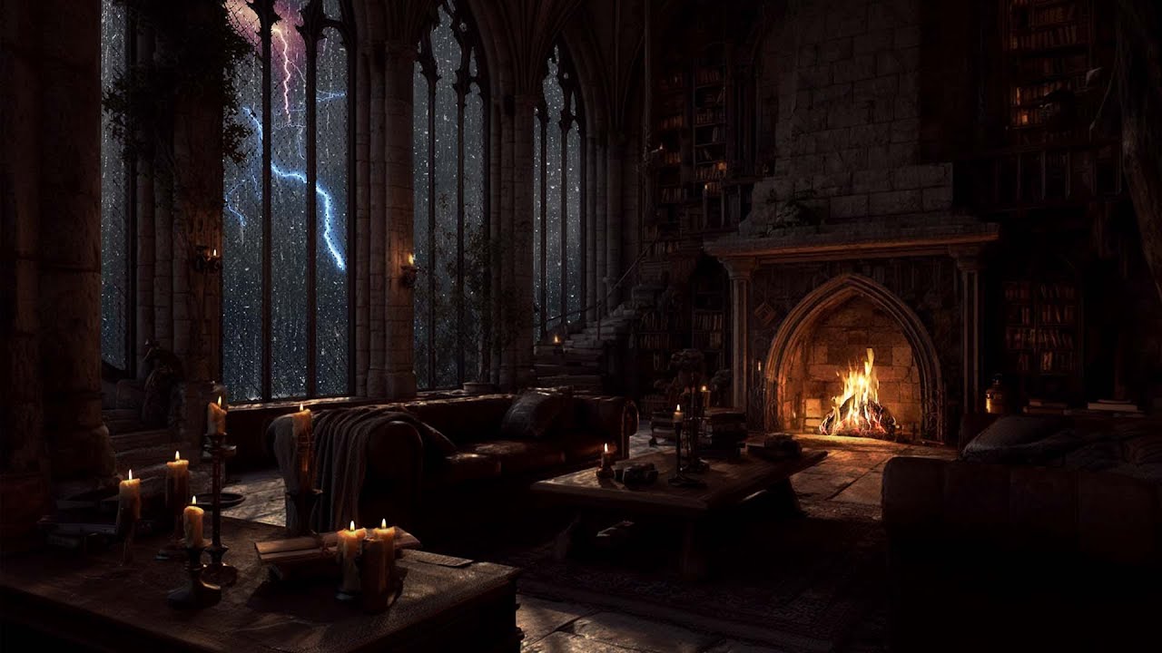 Historic Castle Rainstorm Ambience – Cozy Fireplace & Rolling Thunder for Deep, Peaceful Sleep