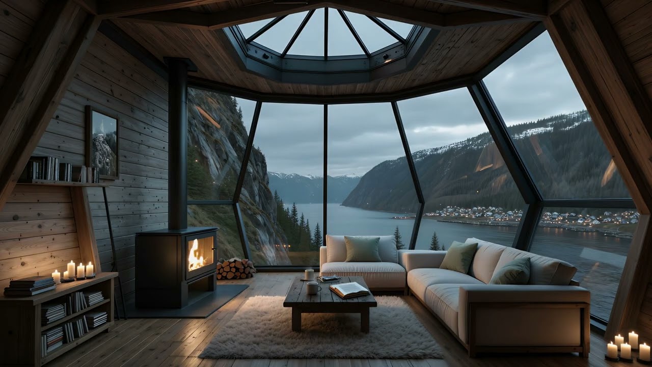 Cozy Mountain Fjord Cabin Fireplace🔥🏔️ | Calm Evening Views & Ambience