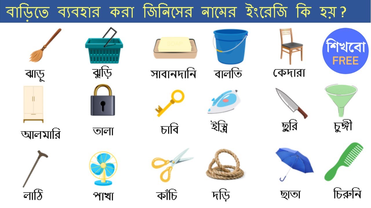 বাড়িতে ব্যবহার করা জিনিসের নামের ইংরেজি কি হয় | Common vocabulary words meaning | Shikhbo Free