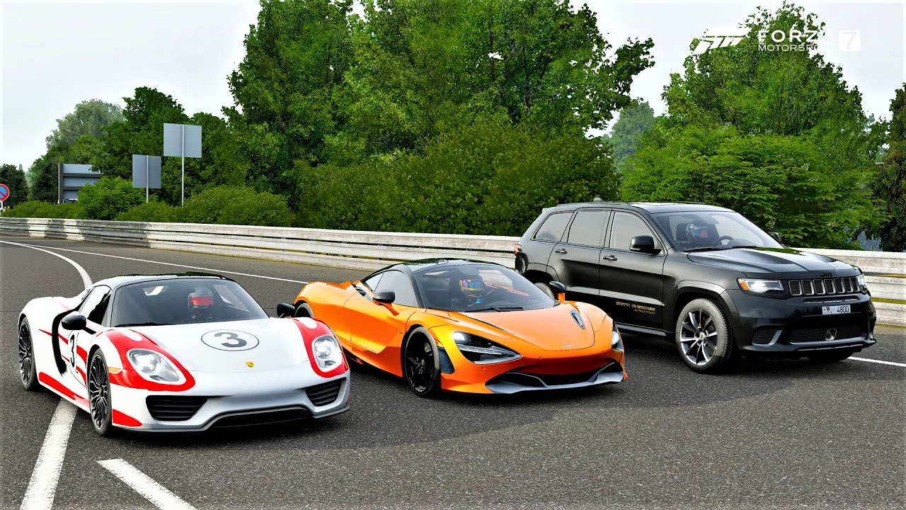 Forza 7 Drag race: Jeep Trackhawk (1050hp) vs McLaren 720S vs Porsche 918 Spyder