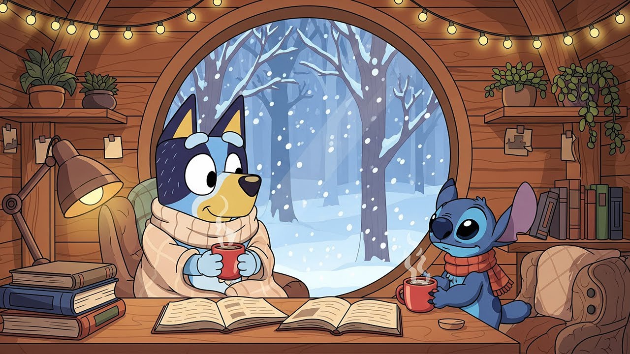 Stitch & Bluey Winter Study Time Cabin ❄️ Chill Lofi Beats 📚 Snowy Window Ambience for Focus & Calm