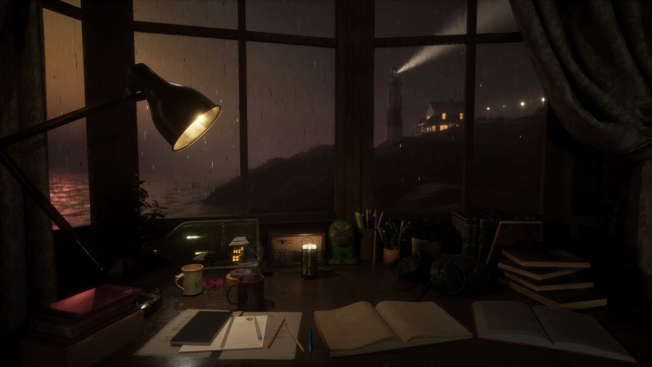 Cozy Night in a Study with Rain & Ocean Waves | Rainy Seaside View Of A Lighthouse | Rain On Window