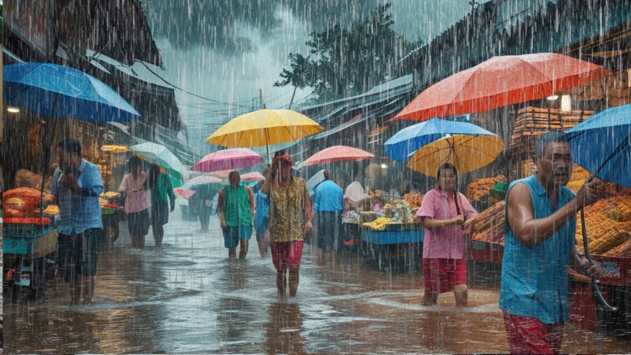 Heavy rain and overflowing water on the streets oftraditional markets in rural Indonesia
