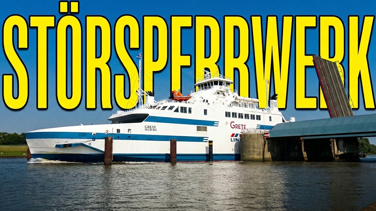 Ehemalige Elbf&auml;hre GRETE verl&auml;sst Wewelsfleth: Passage des St&ouml;rsperrwerks