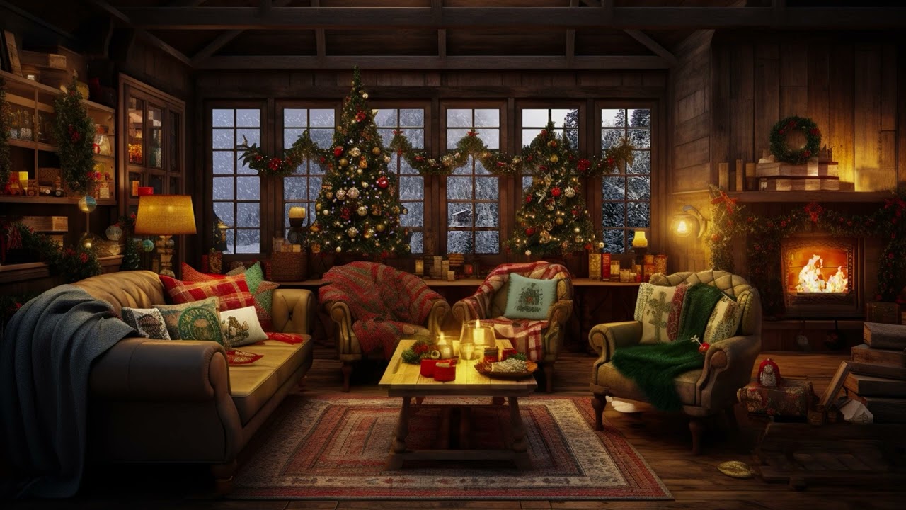Cozy Christmas Livingroom with Fireplace and Blizzard Sound - Relaxation Asmr Christmas Ambience