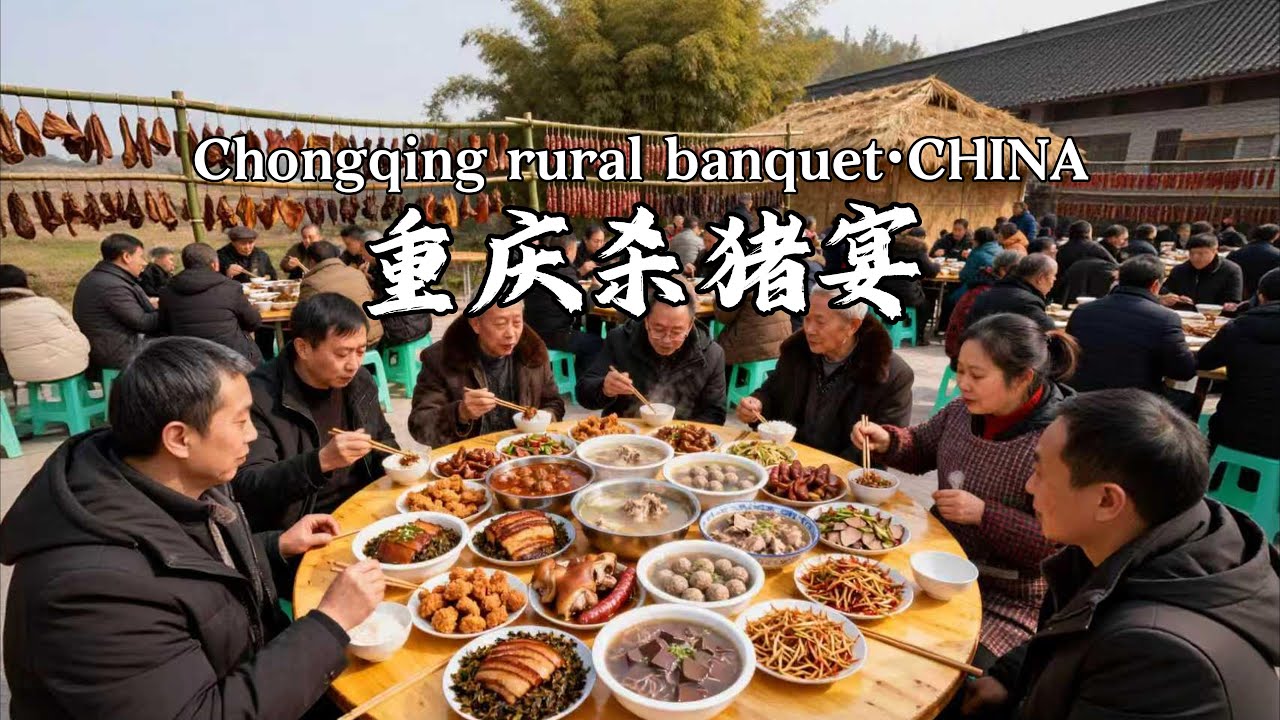 重庆杀猪宴，也叫刨猪汤，感受山城重庆杀年猪的宴席，完全免费，人山人海