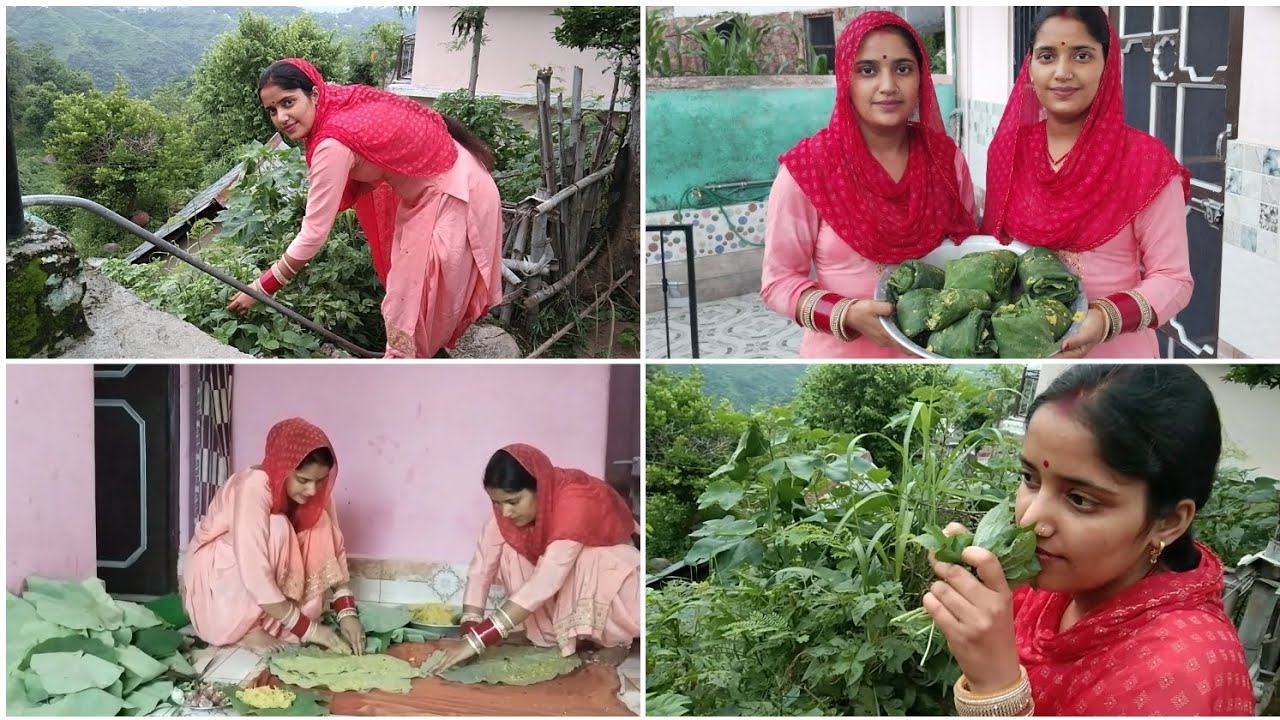 आज हमने अरबी के पत्तों के पत्रोड़े बनाए 🥬#twins #village #himachal