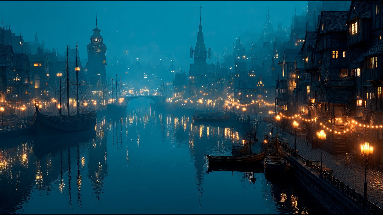 Fantasy Medieval Ambient | Moonlit Harbor City 🌙 Calm Night River & Lantern Lights for Sleep