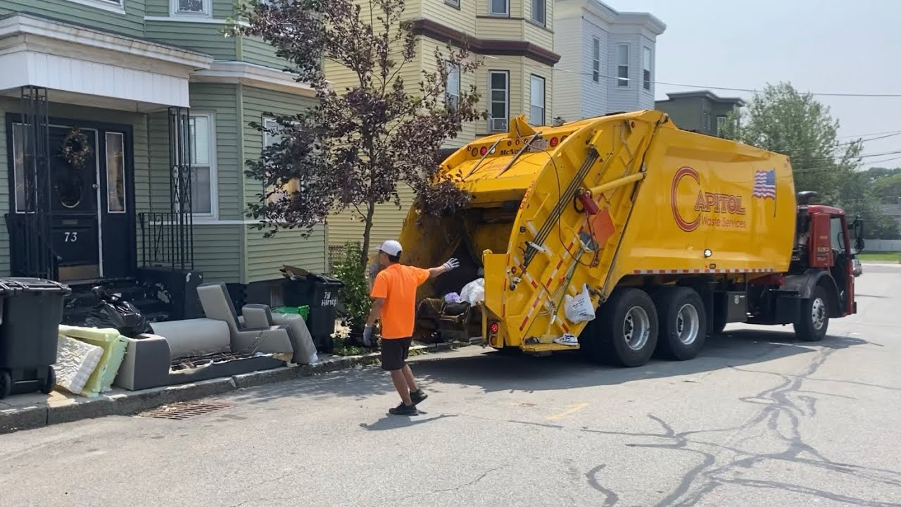 Brand New Capitol Waste Garbage Truck VS East Boston Heavy Unlimited Trash Setouts